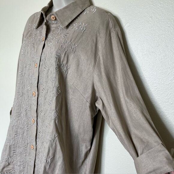 Vicki Waynes Linen Blend Tan Embroidered Button Top Pull On Pant Set Women 20 - Picture 5 of 16